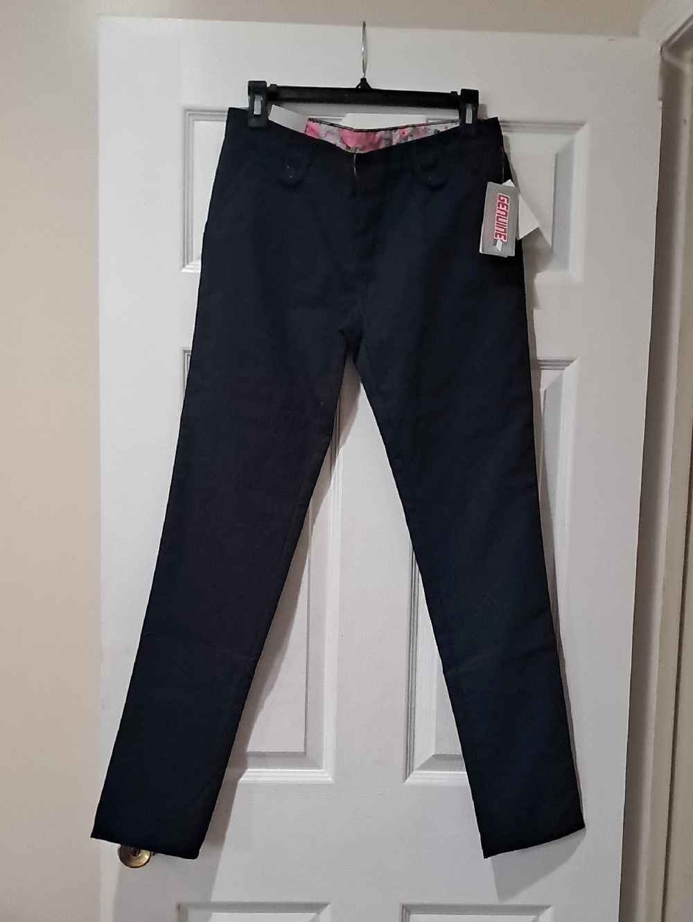 Navy Skinny Straight Pants with Floral Waist Lining